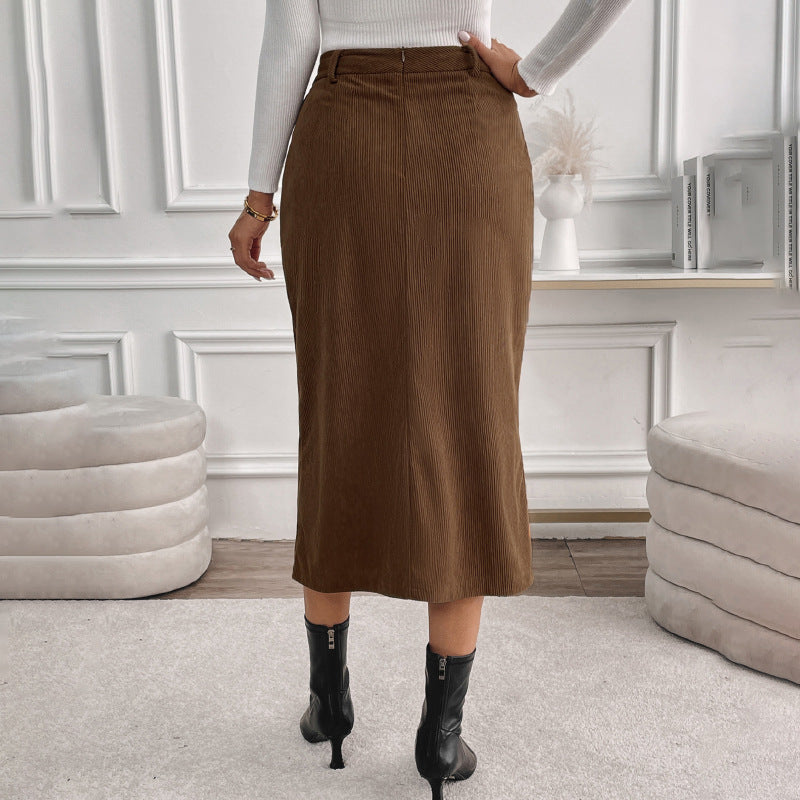 Damen Cord-Midirock mit hohem Bund, Eingrifftaschen und mittigem Schlitz EB