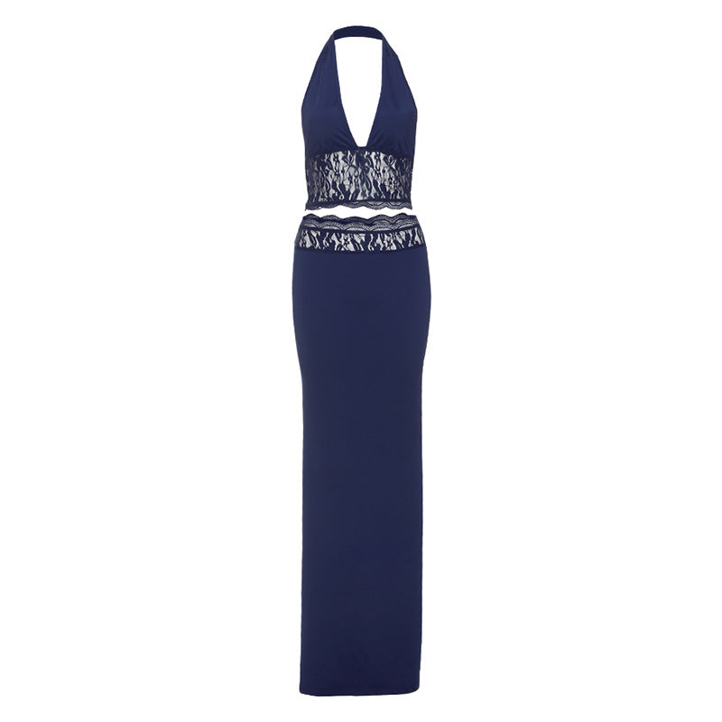 Damen Langer Sommerrock mit tiefem V-Ausschnitt und eleganter Spitzenapplikation EB