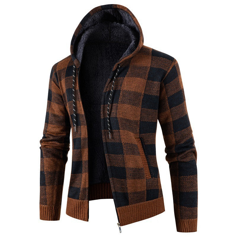 Herren Fleece-Kapuzenjacke mit Karomuster und weichem Innenfutter EB