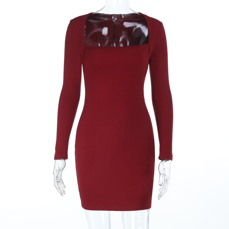 Damen elegantes langärmliges Minikleid mit quadratischem Ausschnitt EB