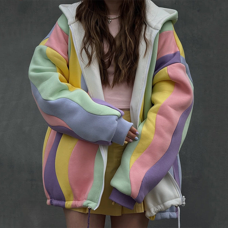 Damen Oversized Kapuzenjacke mit farbenfrohem Wellenmuster EB