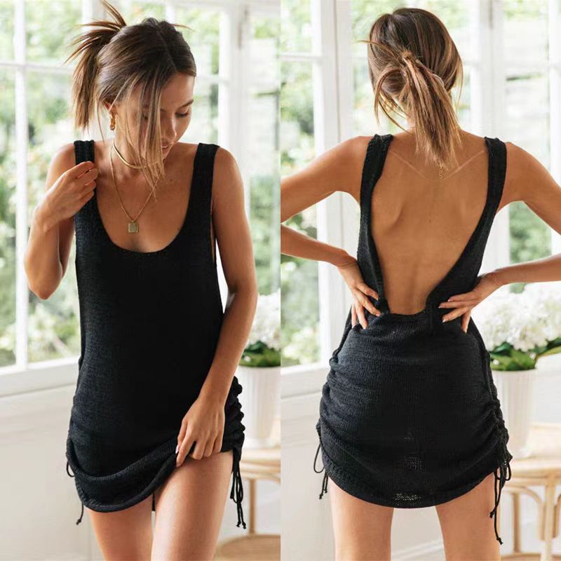 Damen lässiges Strickkleid mit tiefem Rückenausschnitt und verstellbaren Rüschendetails EB