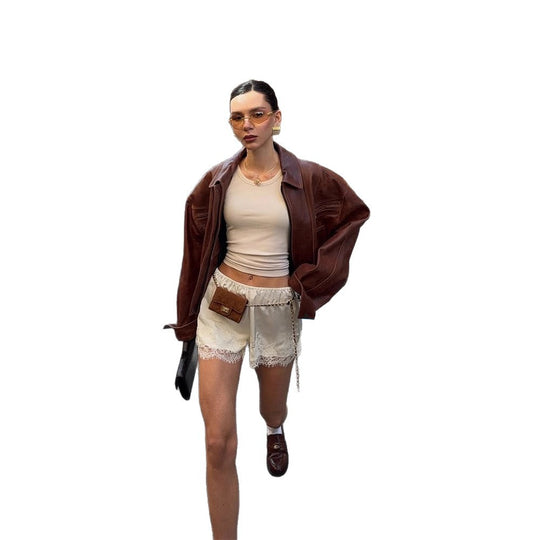 Damen lässige Kunstlederjacke im Oversized-Stil EB