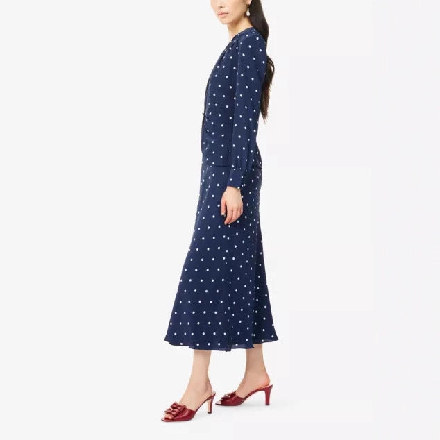 Damen Midikleid mit Punkteprint, tiefem V‑Ausschnitt, Wickelraffung und langen Ärmeln EB