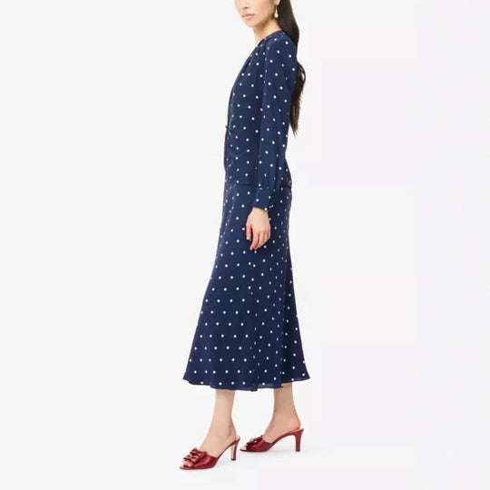 Damen Midikleid mit Punkteprint, tiefem V‑Ausschnitt, Wickelraffung und langen Ärmeln EB