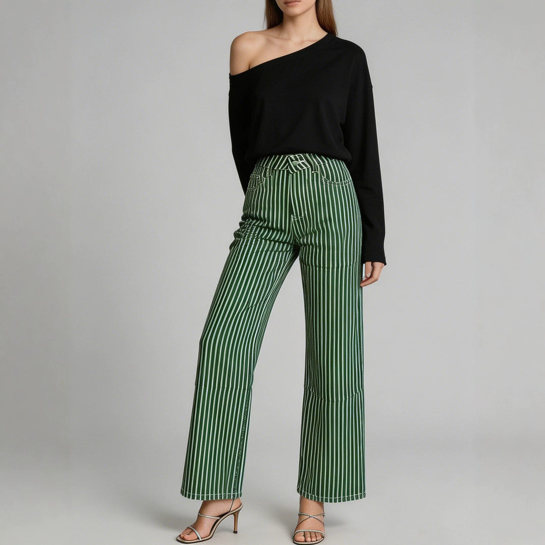 Damen nan weite High-Waist Palazzohose mit vertikalen Streifenoptik und abgesteppten Kniepartien EB