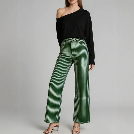Damen nan weite High-Waist Palazzohose mit vertikalen Streifenoptik und abgesteppten Kniepartien EB