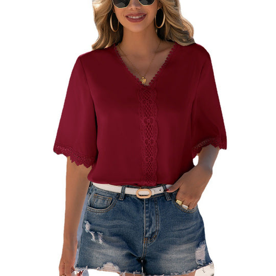 Damen elegante Bluse mit Spitzenbesatz und V-Ausschnitt EB