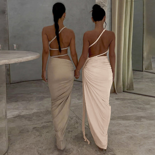 Damen Elegantes, einseitiges Maxikleid mit raffinierten Drapierungen EB