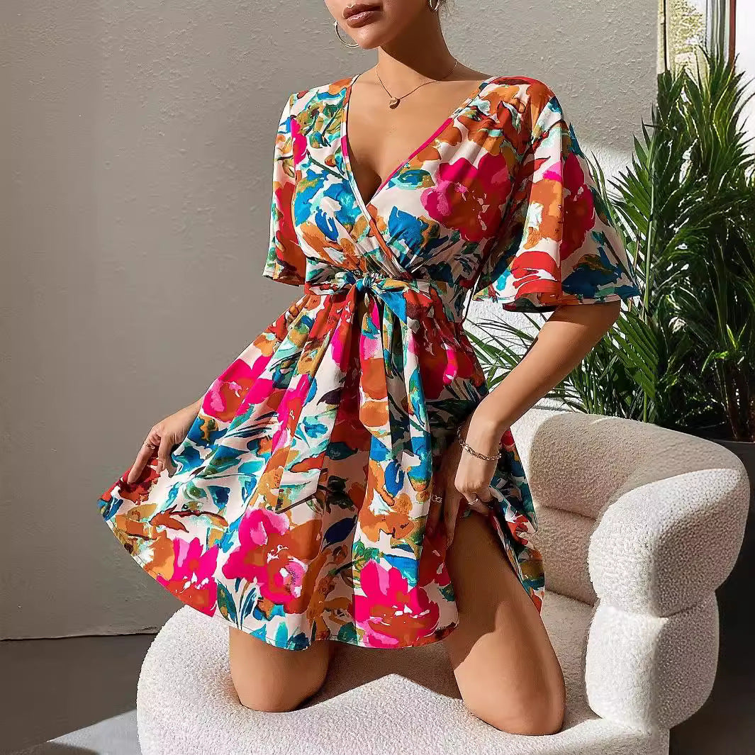 Damen Wickelkleid mit floralem Muster und Taillenknoten EB