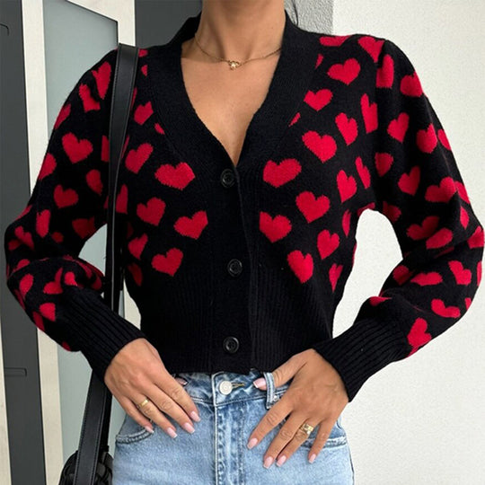 Damen Strickjacke mit Herzmotiv und dekorativen Knöpfen EB