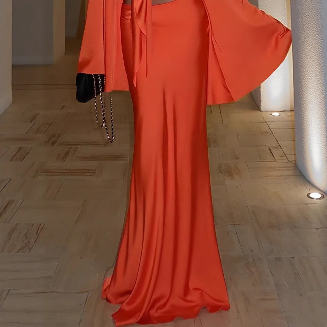 Damen Elegantes Maxikleid mit ausgestellten Ärmeln und tiefem V-Ausschnitt EB