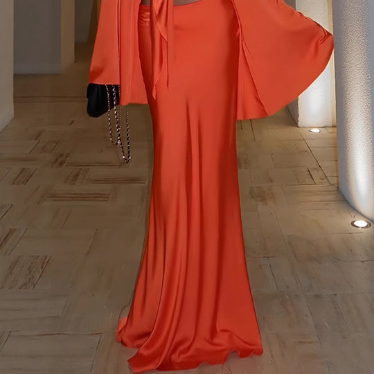 Damen Elegantes Maxikleid mit ausgestellten Ärmeln und tiefem V-Ausschnitt EB