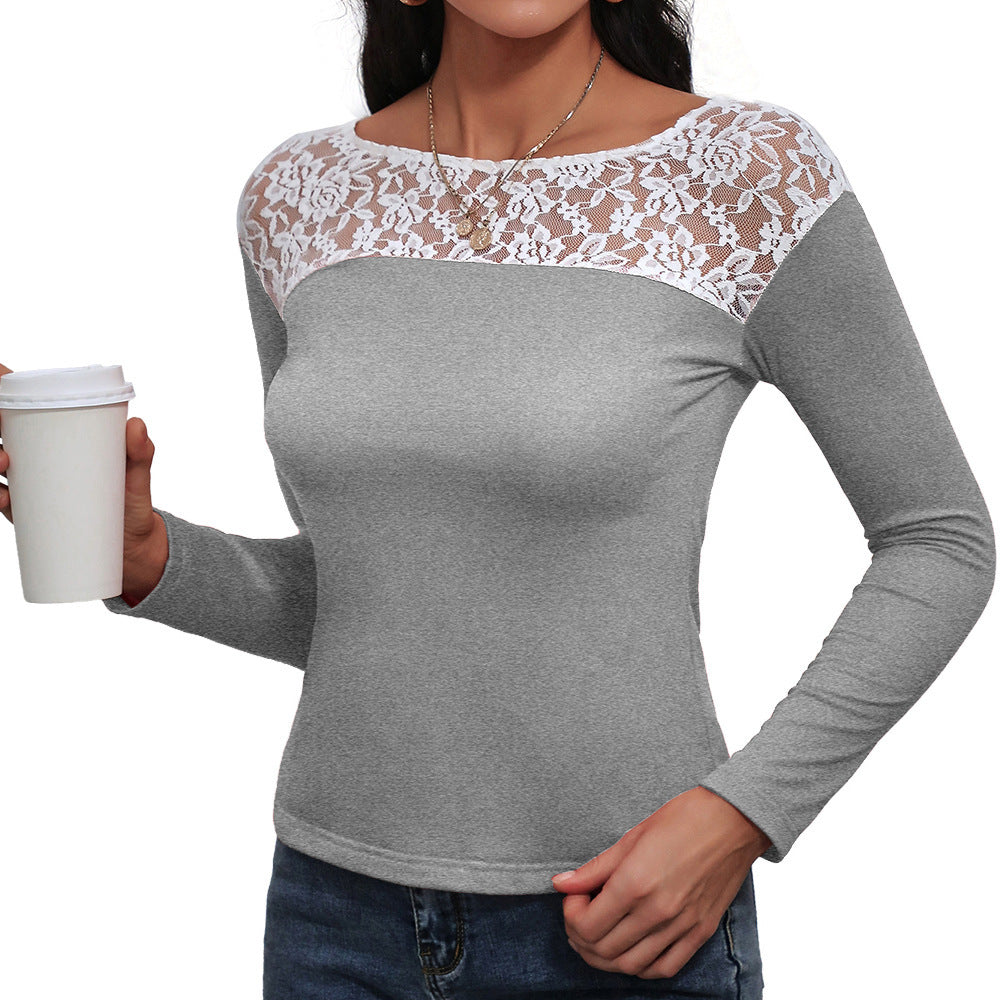 Damen elegantes Langarmshirt mit floralen Spitzendetails EB