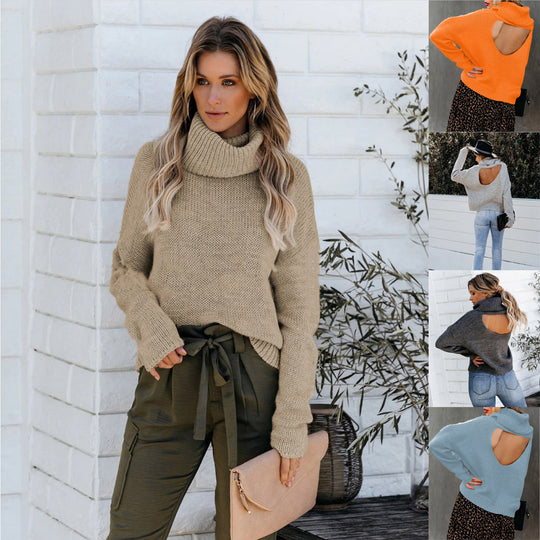 Damen Strickpullover mit hohem Kragen und lässigem Schnitt EB