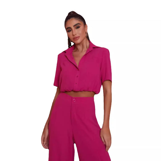 Damen Elegantes Kurzarm-Blusen und Palazzo-Hosen-Ensemble EB