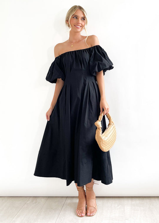 Damen Maxikleid mit schulterfreier Silhouette und voluminösen Ärmeln EB