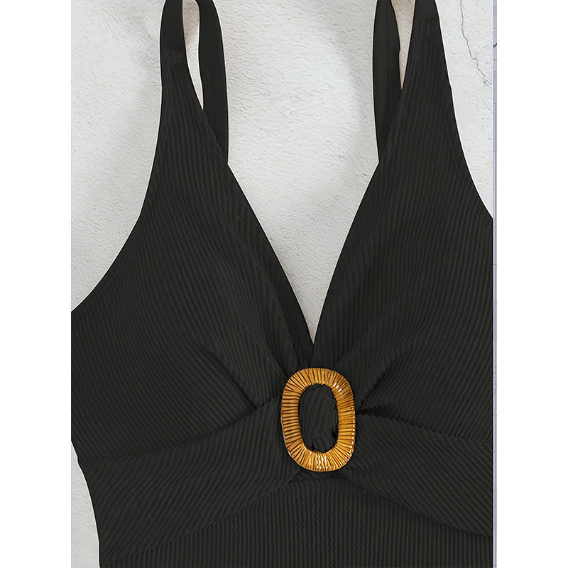 Damen Eleganter Einteiler Badeanzug mit V-Ausschnitt und dekorativem Ring EB