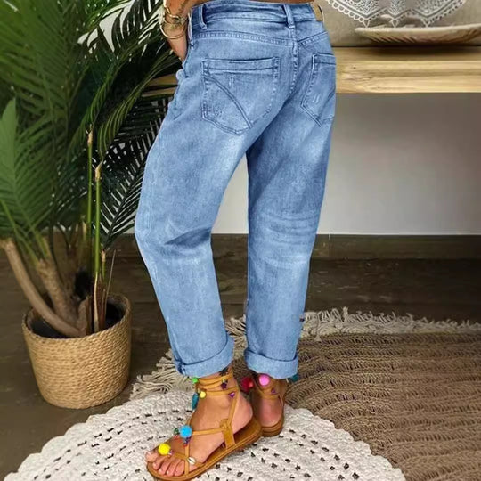 Damen Boyfriend Jeans mit Knopfverschluss und Distressed-Details EB