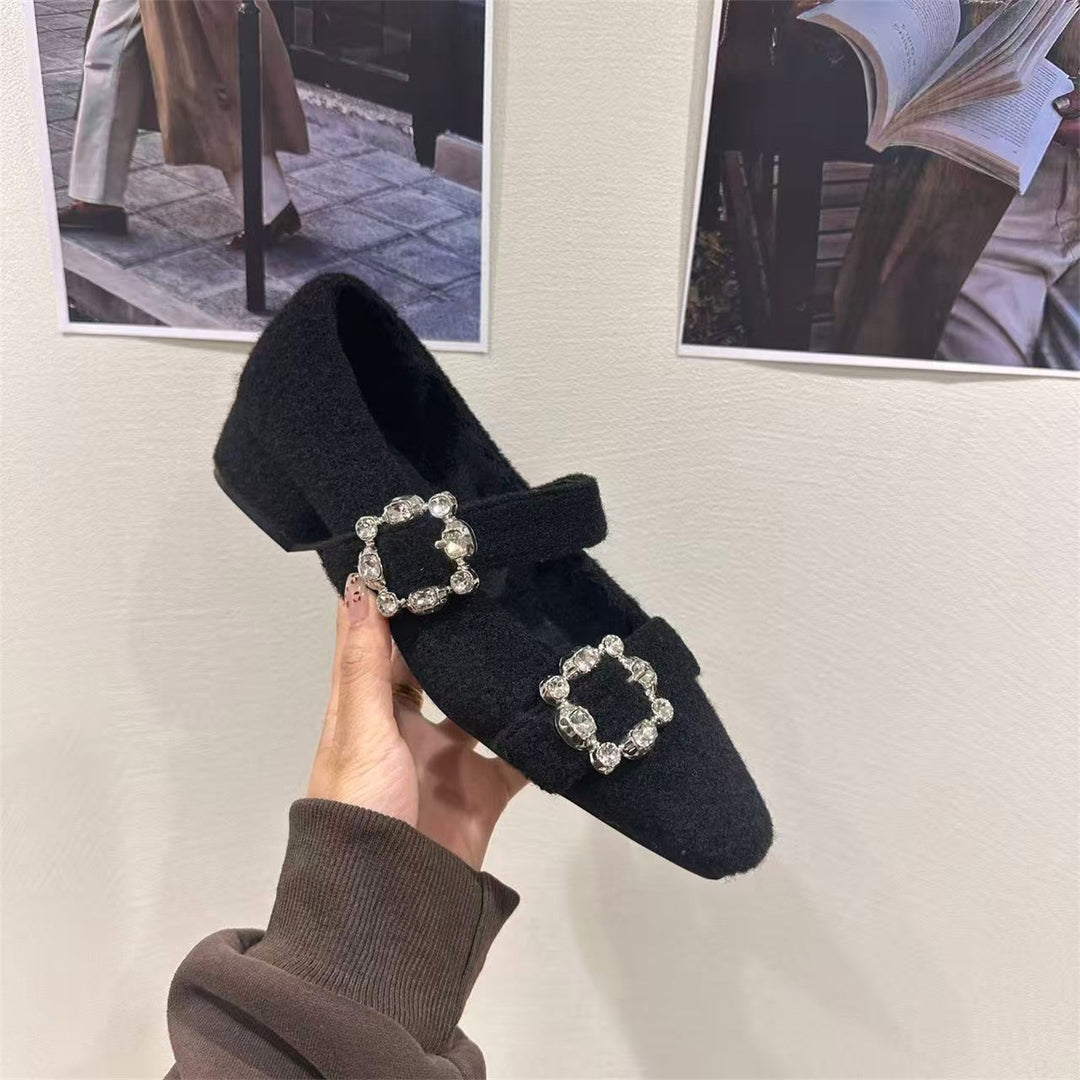Damen elegante Filz-Mary Jane Schuhe mit schimmernden Schnallen EB