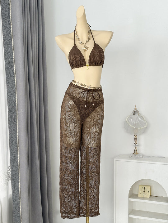 Damen Netz-Bikini-Set mit elegantem Oberteil und transparenten Palazzohosen EB