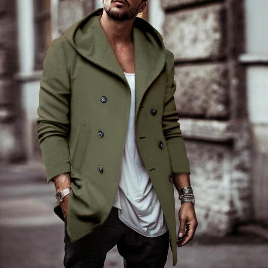 Herren stylischer Hoodie-Mantel mit doppelter Knopfreihe und weitem Kragen EB