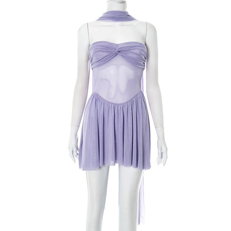 Damen elegantes Wickelkleid mit zarten Rüschendetails und trägerlosem Design EB