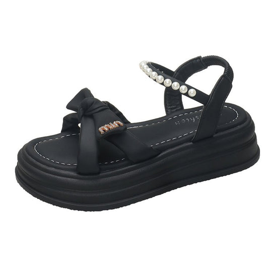 Damen modische Plateausandalen mit Schleifen-Detail und Perlenakzent EB
