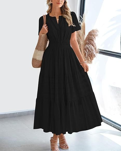 Damen Maxikleid mit elegantem V-Ausschnitt und frisch gerafftem Design EB