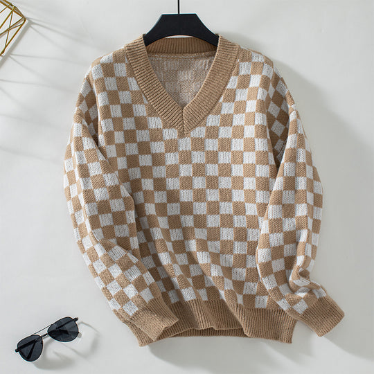 Damen lässiger V-Ausschnitt Pullover mit Karo-Muster und lockerer Passform EB