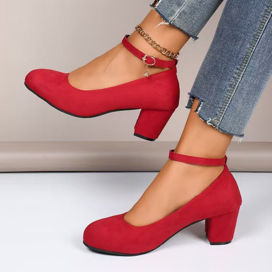 Damen Elegante Pumps mit breitem Blockabsatz und verstellbarem Knöchelriemen EB