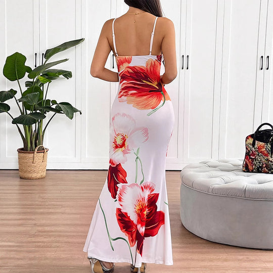 Damen Maxikleid mit elegantem Blumenmuster und zarten Spaghetti-Trägern EB