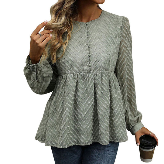 Damen Chiffon-Peplum-Bluse mit Chevron-Struktur, geraffter Empire-Taille & Knopfleiste EB