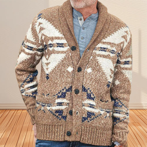 Herren Strickjacke mit einzigartigem geometrischen Muster und tiefem Kragen EB