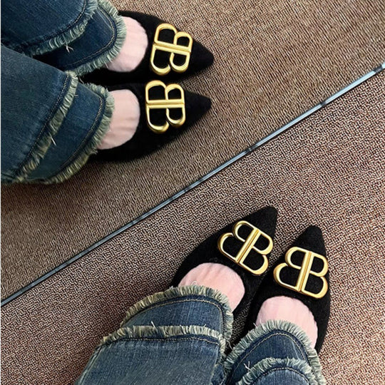 Damen modische Ballerinas aus filzartigem Material mit elegantem Schmuckdetail EB