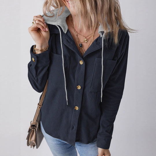 Damen Hemdblusenshirt mit Kapuze und geripptem Design EB