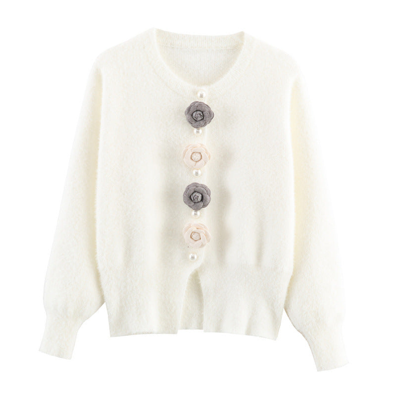 Damen stylische Strickjacke mit einzigartigen Blumenapplikationen EB