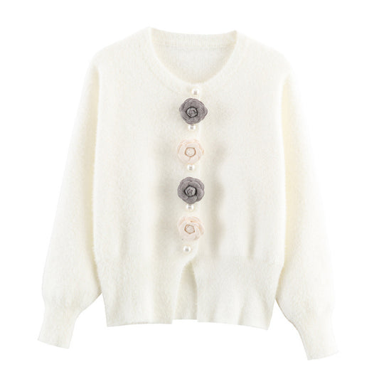 Damen stylische Strickjacke mit einzigartigen Blumenapplikationen EB
