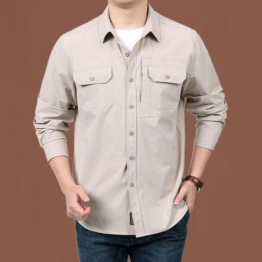 Herren nan modernes Travel-Langarmhemd mit Stretch-Material, verdeckter Knopfleiste und doppelfachen Klappbrusttaschen EB