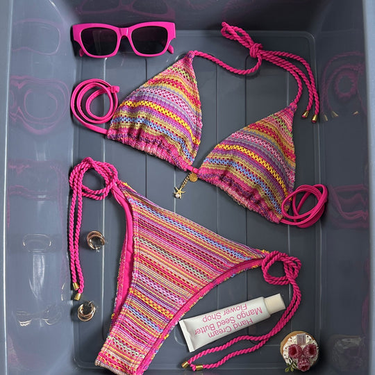 Damen Geflochtener Triangel-Bikini mit buntem Häkelmuster EB
