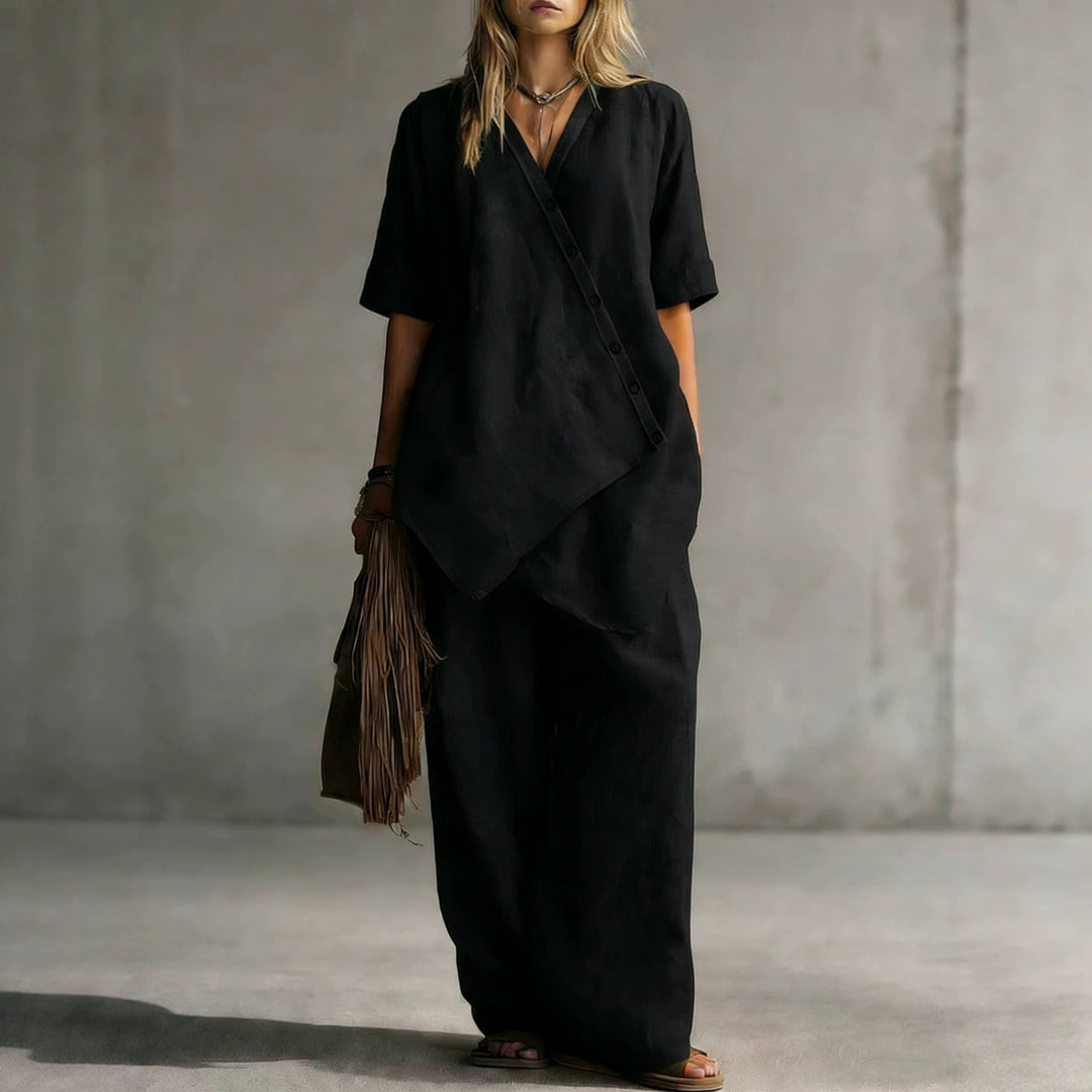 Damen Leinen-Zweiteiler mit asymmetrischer Knopfleiste und weiter Palazzo-Hose EB