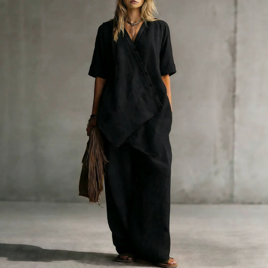 Damen Leinen-Zweiteiler mit asymmetrischer Knopfleiste und weiter Palazzo-Hose EB
