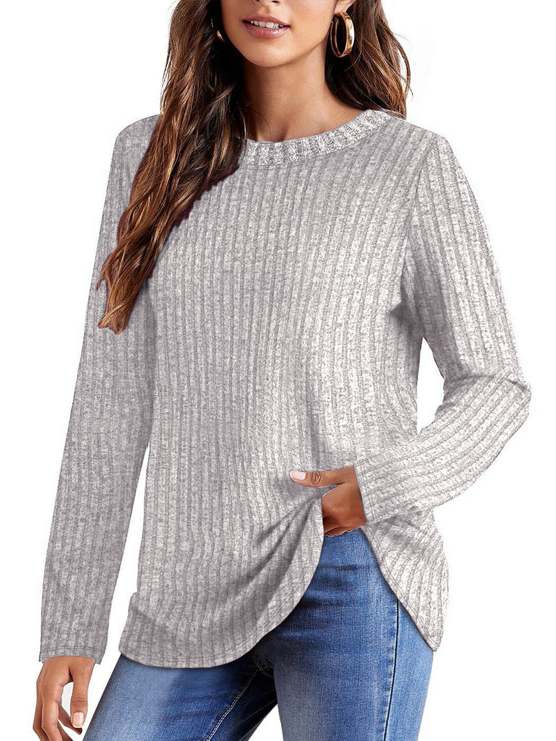 Damen Geripptes Feinstrick-Longsleeve mit Rundhalsausschnitt und asymmetrischem Saum EB