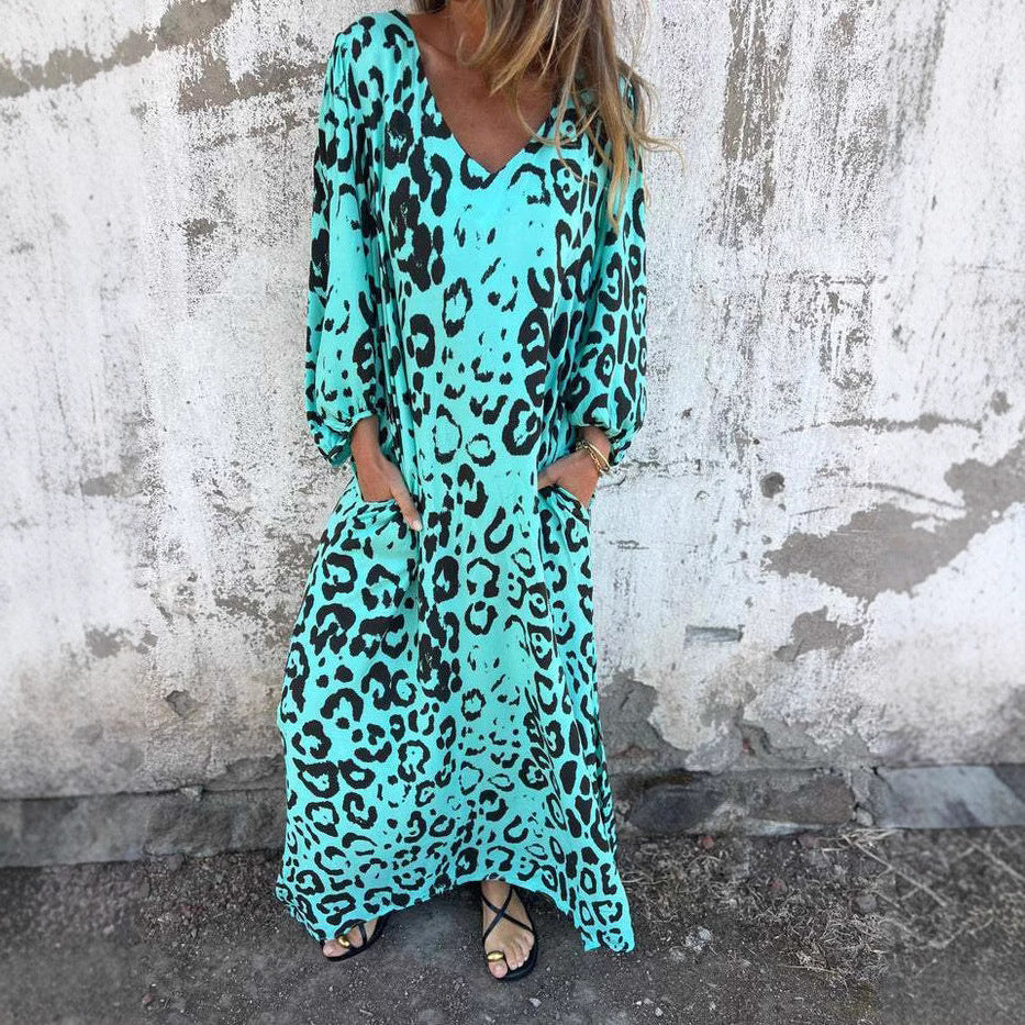 Damen Langarm Maxikleid mit Animal-Print und praktischen Taschen EB