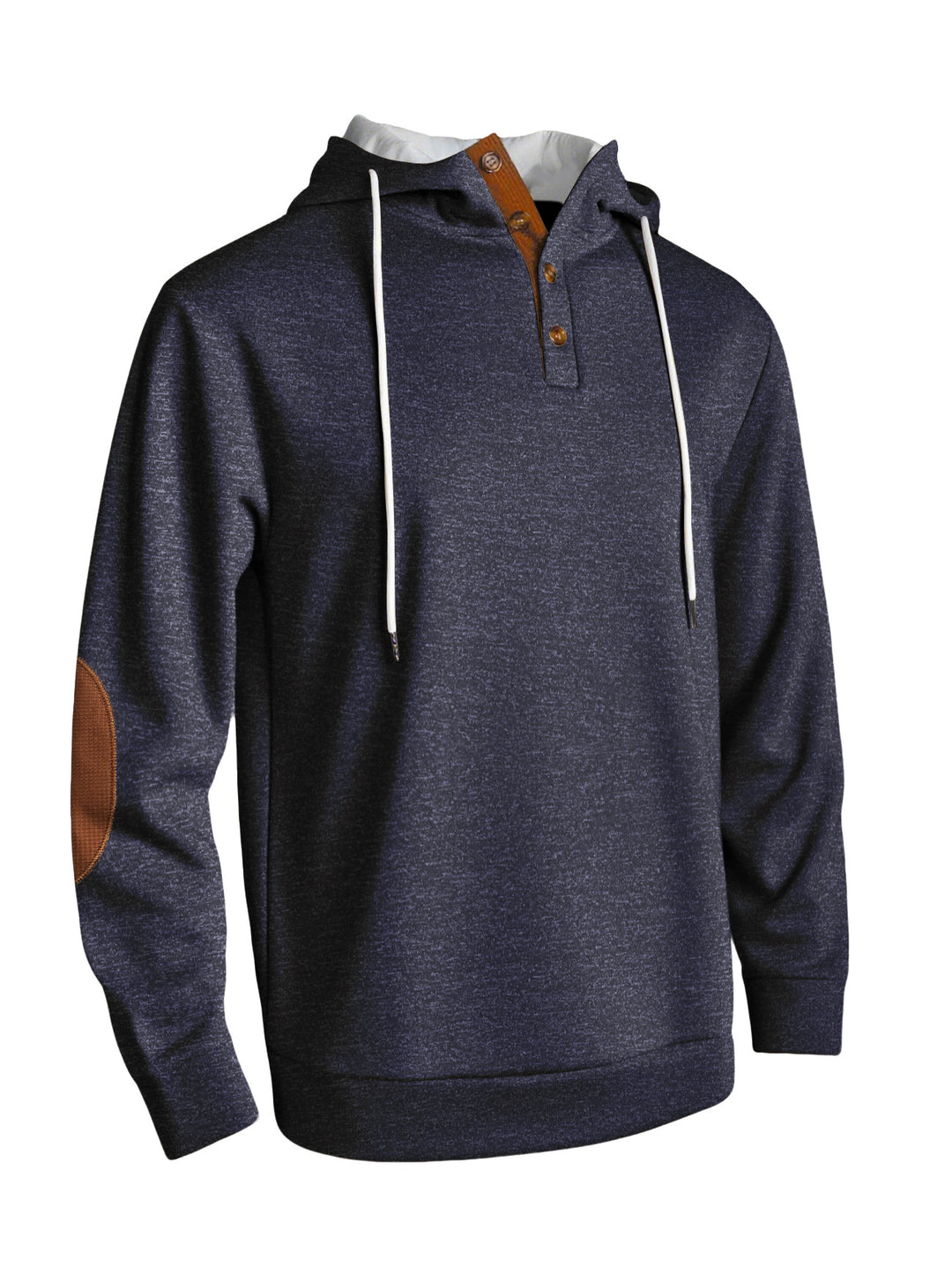 Herren nan Kapuzenpullover im puristischen Freizeitstil mit Henley-Knopfleiste, kontrastierter Kapuzeninnenseite und Ellenbogenaufnähern EB