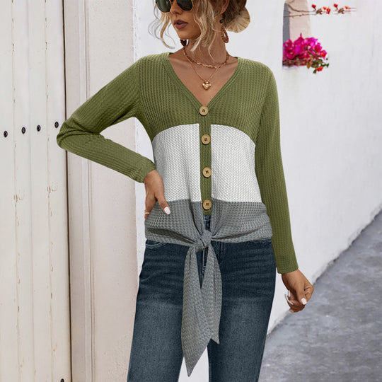 Damen Strickjacke mit bindbarem Detail und gestreiftem Muster EB