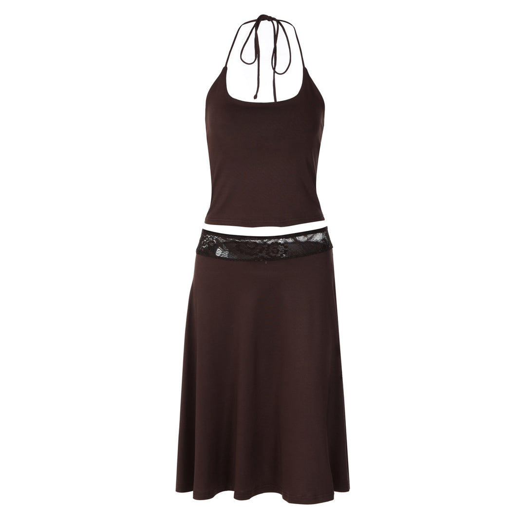 Damen elegantes Trägerkleid mit Spitzenakzent und fließendem Schnitt EB