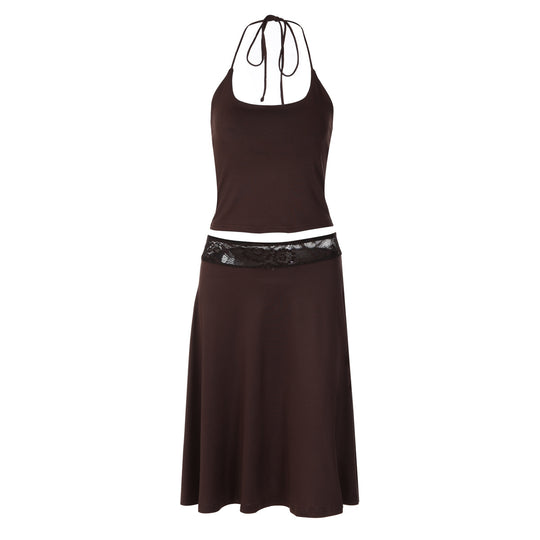 Damen elegantes Trägerkleid mit Spitzenakzent und fließendem Schnitt EB
