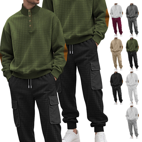 Herren nan Karo-Relief-Sweatset mit Stehkragen-Knopfleiste, Velours-Ellenbogenpatches und Cargo-Jogger EB