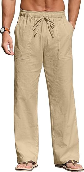 Herren nan leichte Leinenhose mit elastischem Bund, Kordelzug und aufgesetzten Taschen EB